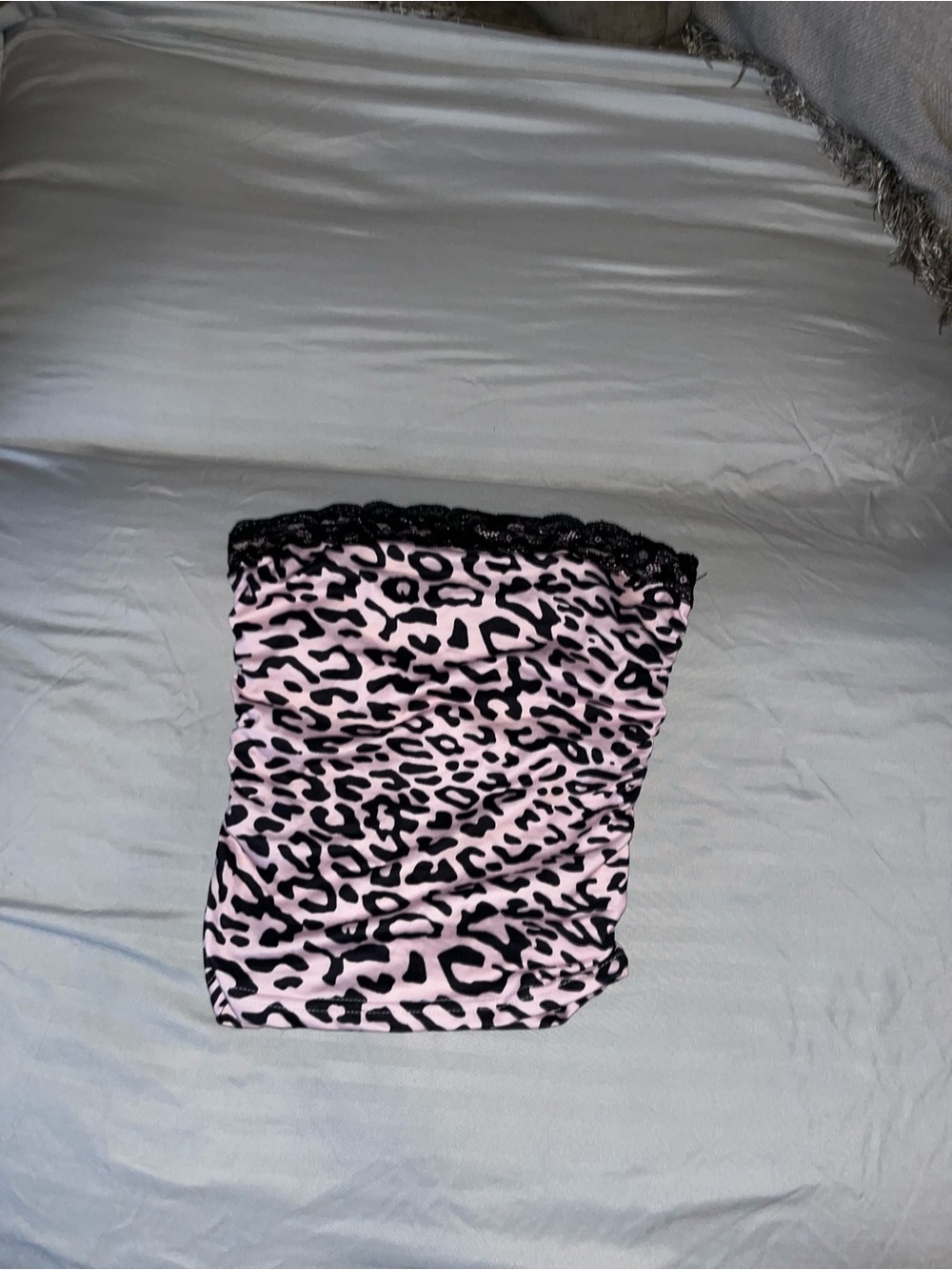SHEIN Pink and Black Leopard Print Lace Trim Tube Top